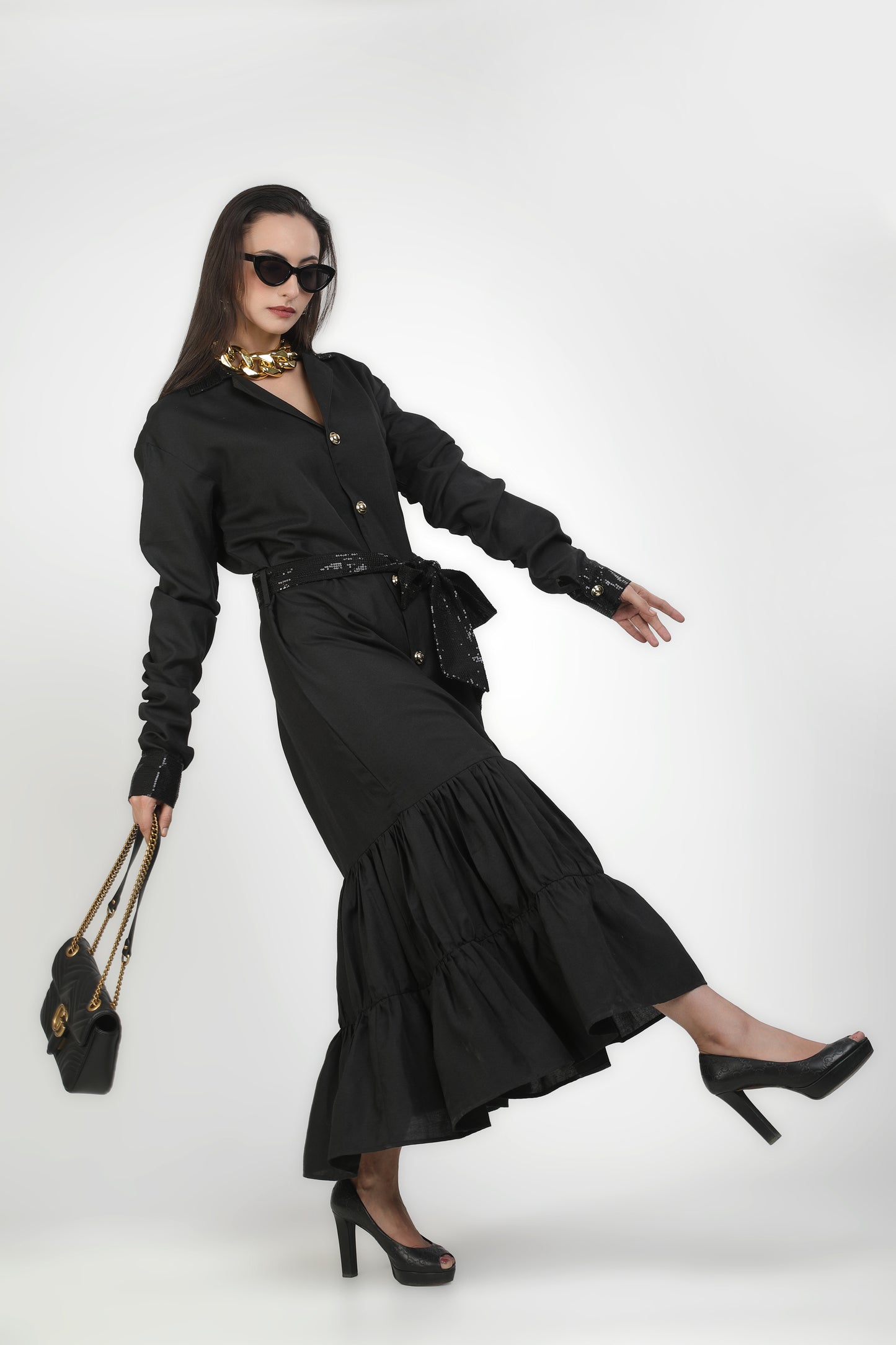 Onyx Collared Buttoned Tiered Maxi Dress