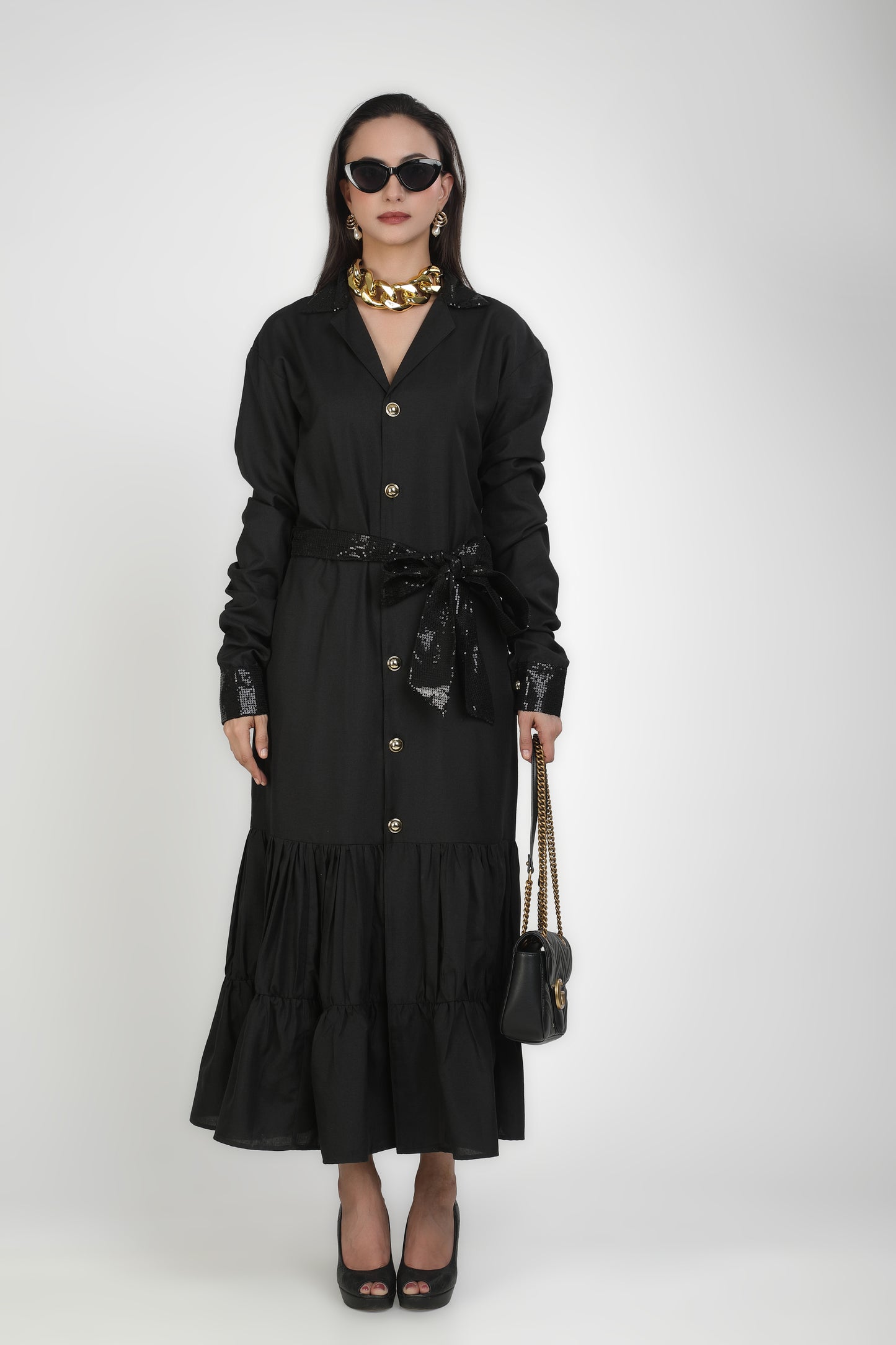 Onyx Collared Buttoned Tiered Maxi Dress