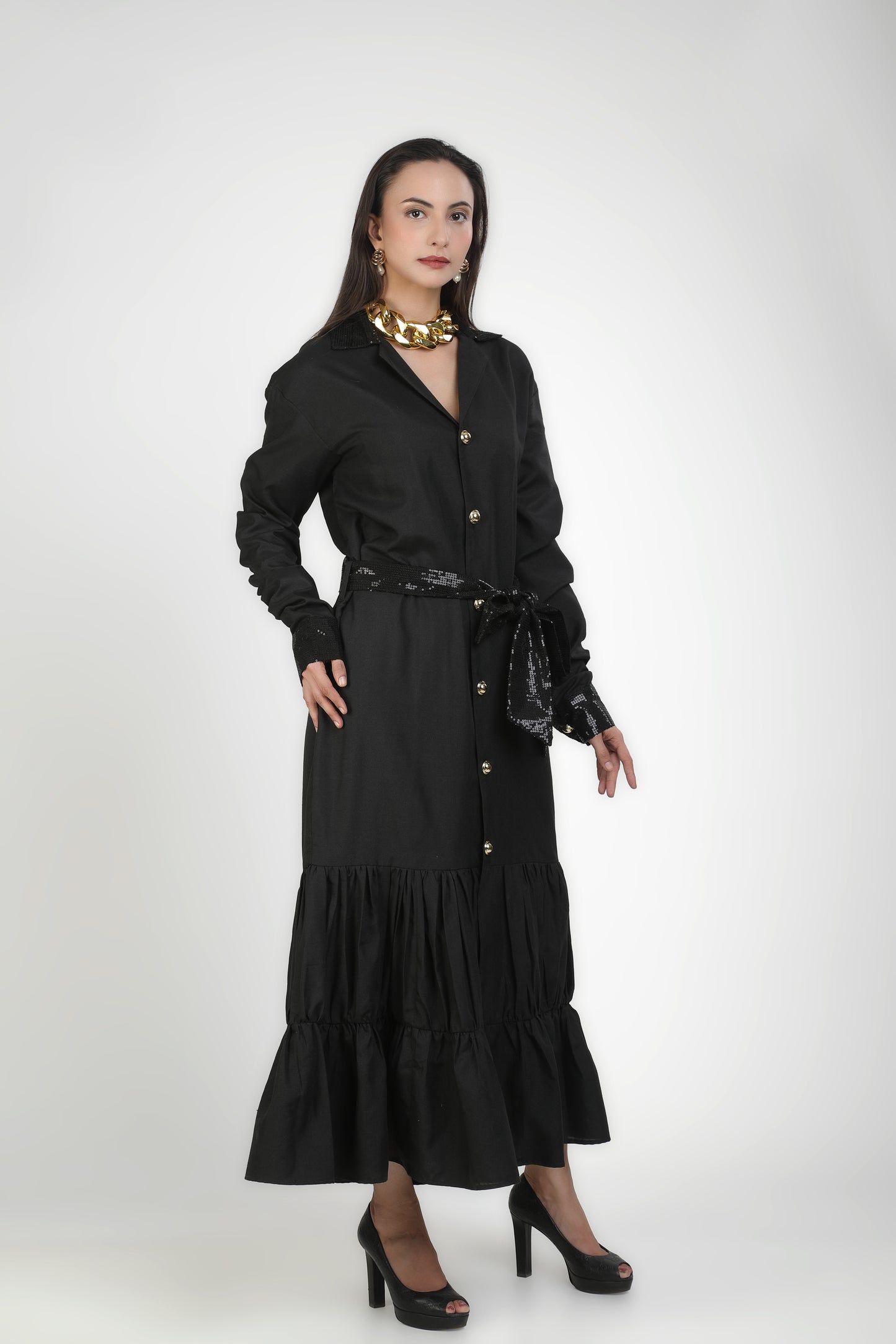 Onyx Collared Buttoned Tiered Maxi Dress