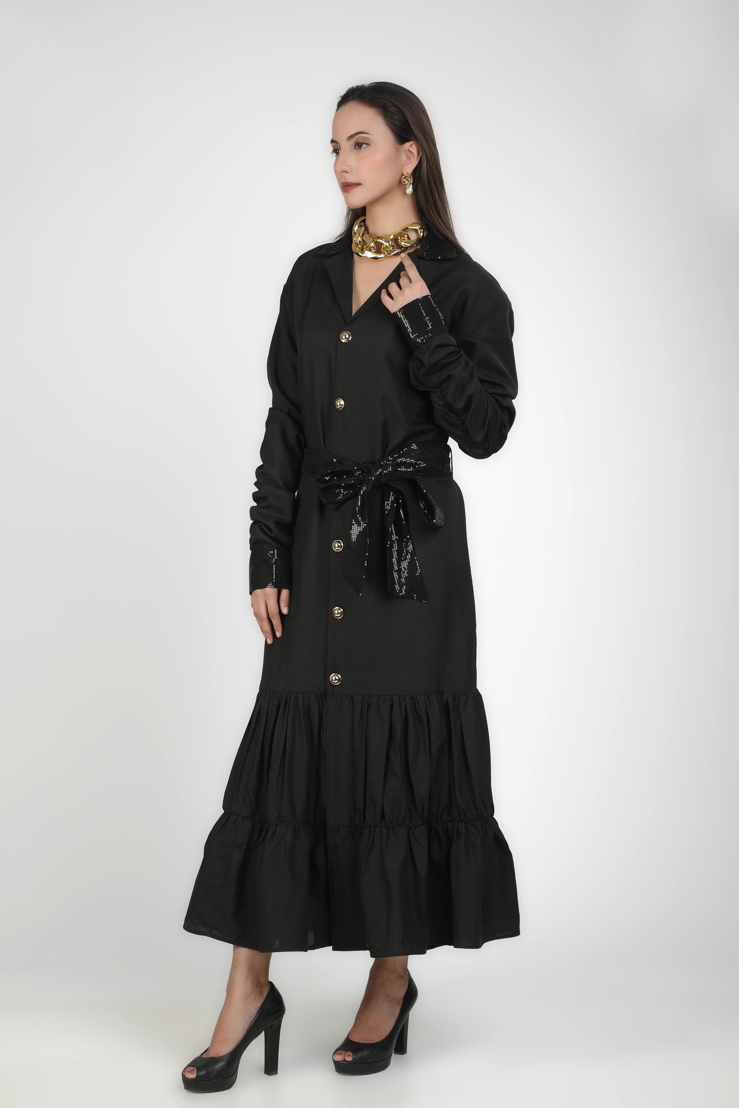 Onyx Collared Buttoned Tiered Maxi Dress