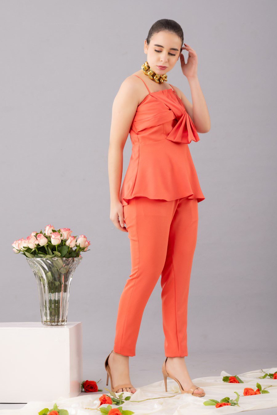 Peach Coral Peplum Coord Set