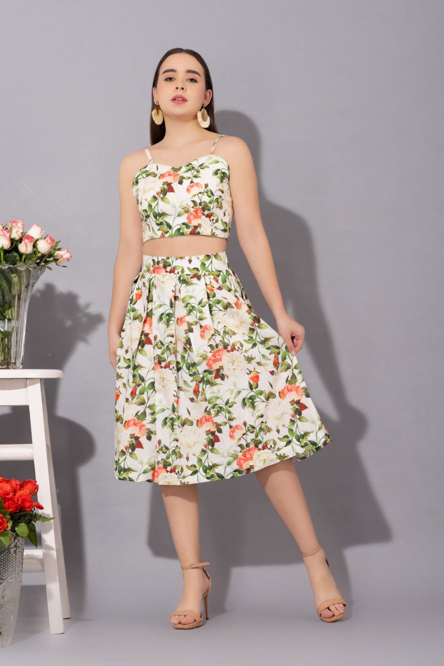 Printed Box Pleats Skirt Coord Set (Set Of 2)