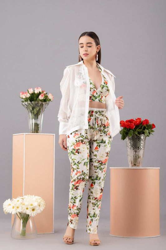 Printed bralette co-ord set with white organza shirt(set of 3)