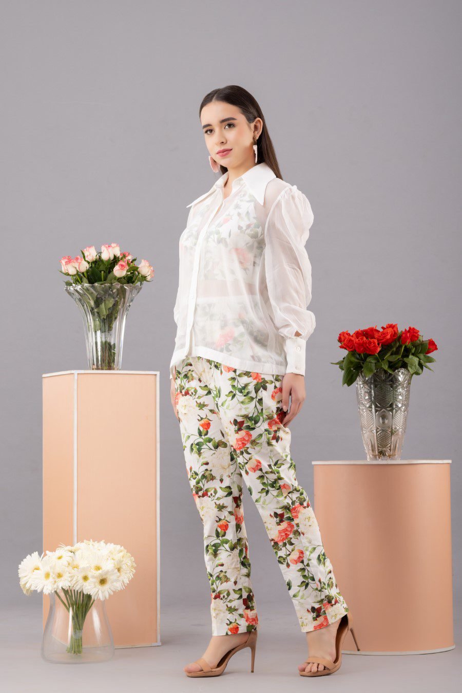 Printed bralette co-ord set with white organza shirt(set of 3)