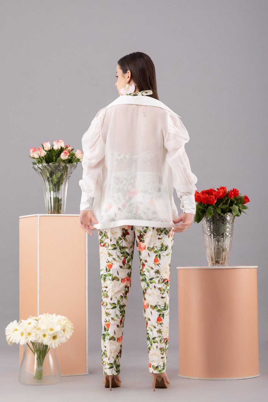 Printed bralette co-ord set with white organza shirt(set of 3)