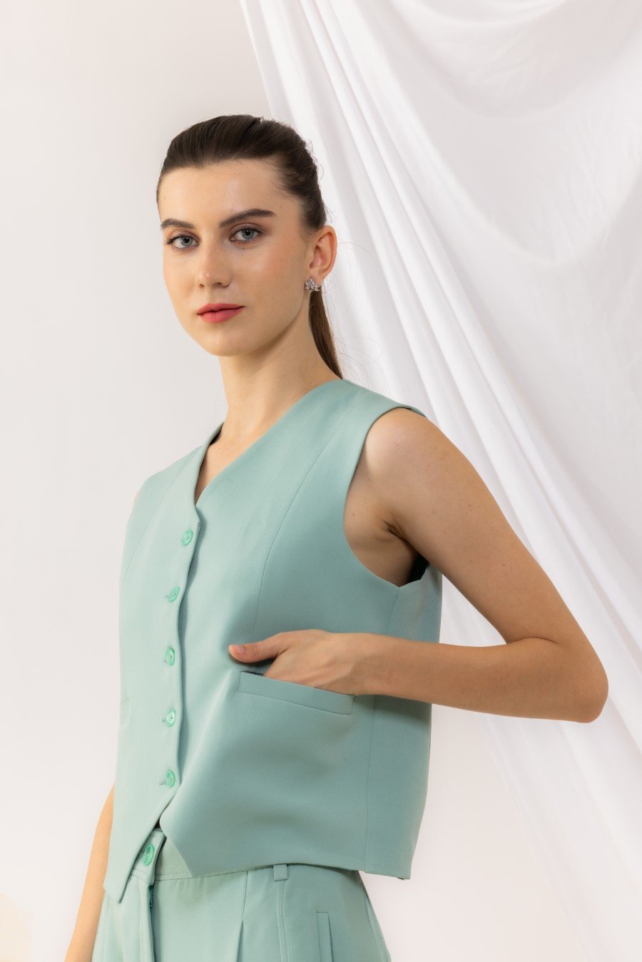 Sea Green Front Button Waist Coat