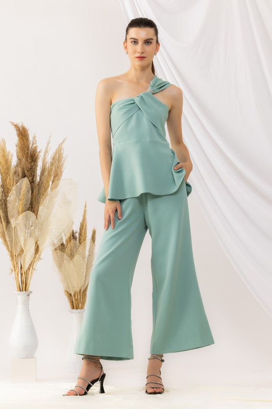 Sea Green One Shoulder Peplum Top With Flared pant