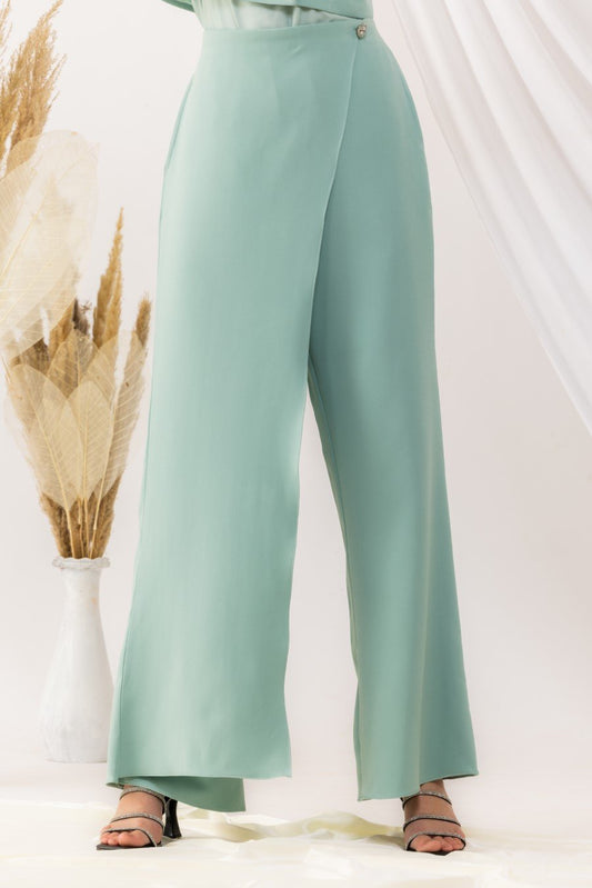 Sea Green Overlap Trouser With Crystal Button On The Side