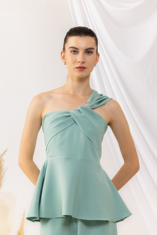 Sea Green Peplum Style Off Shoulder Knot Top With Diamante