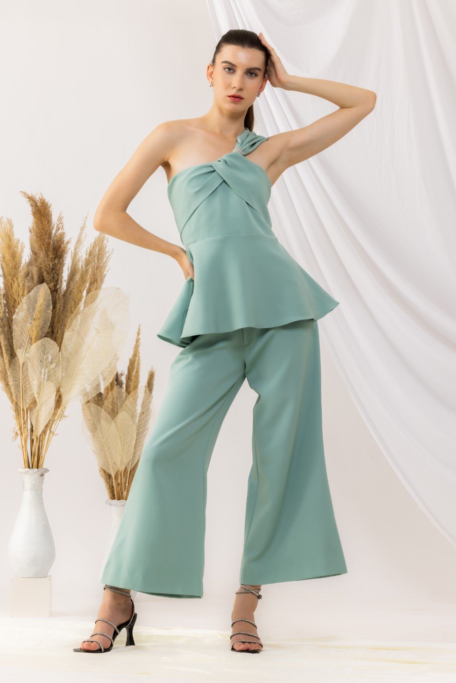 Sea Green Peplum Style Off Shoulder Knot Top With Diamante