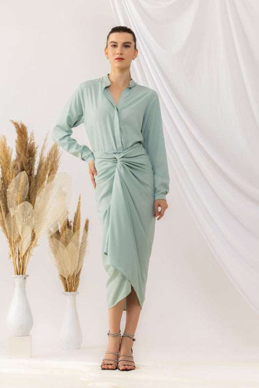 Sea Green Shirt  Front Wrap  Skirt Co-Ord Set