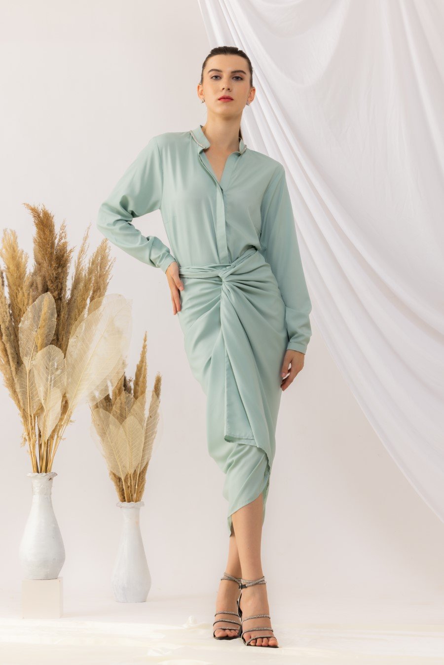 Sea Green Shirt  Front Wrap  Skirt Co-Ord Set