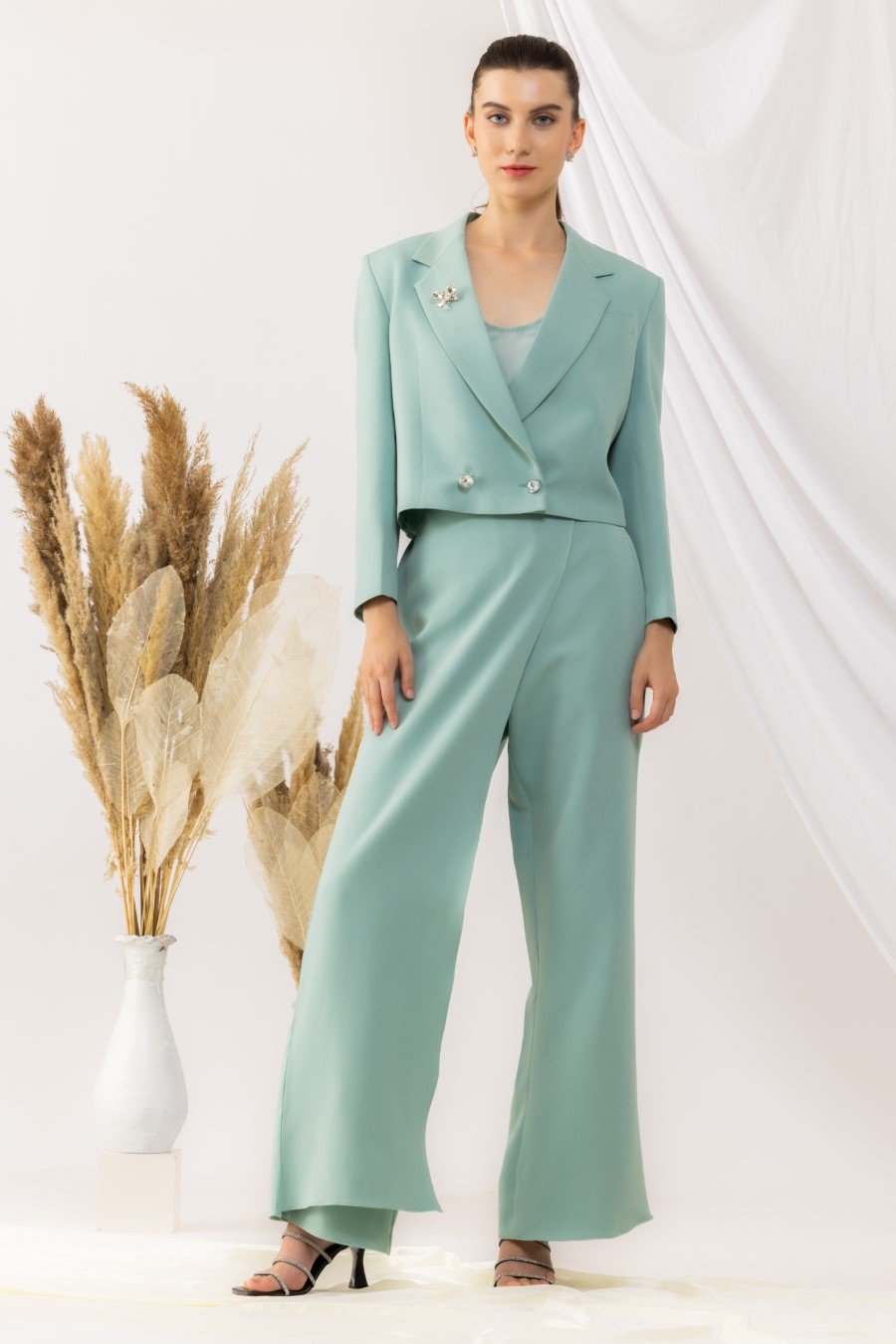 Sea Green Short Overlap Blazer With Overlap Pant