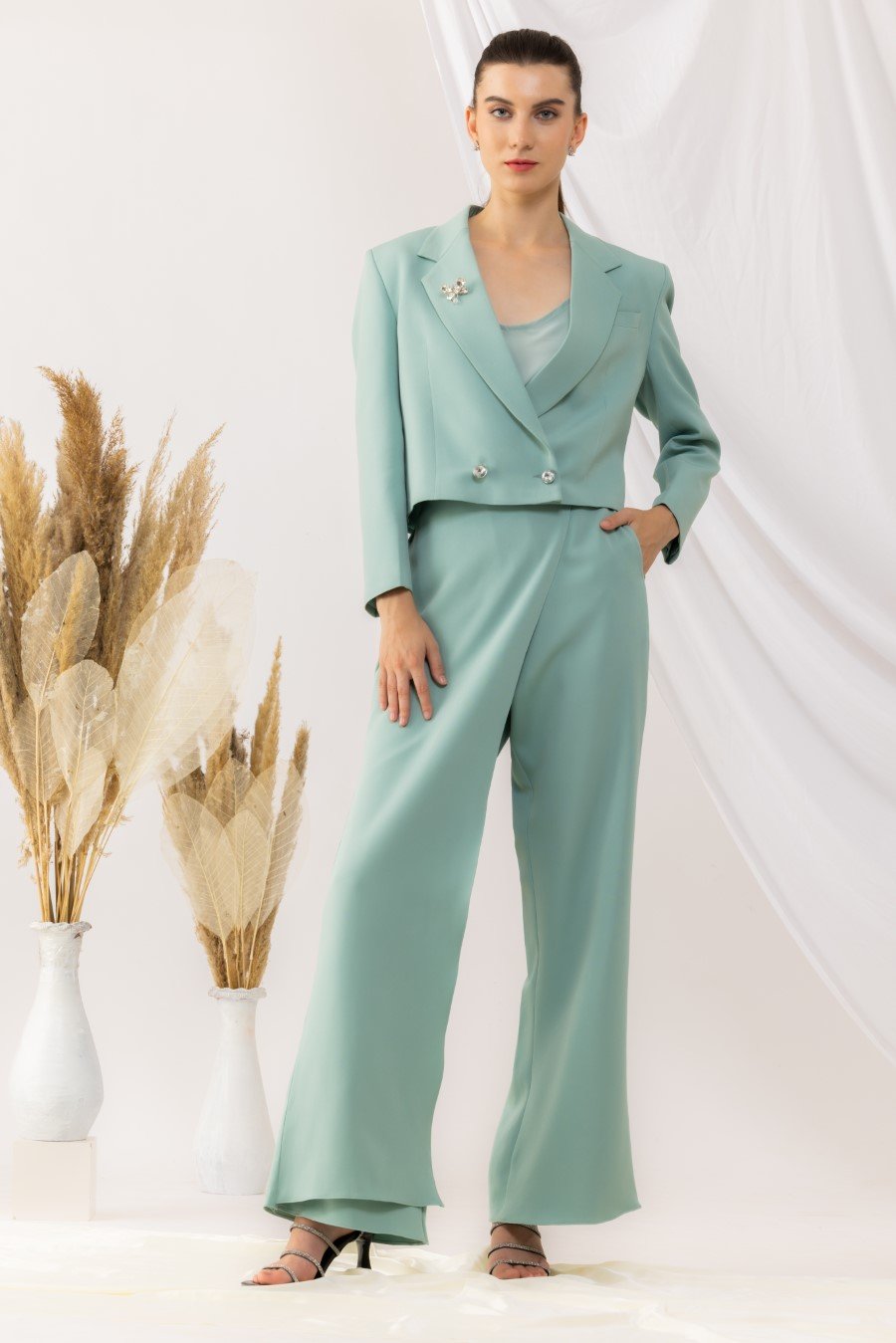 Sea Green Short Overlap Blazer With Overlap Pant