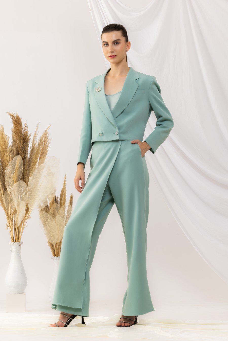 Sea Green Short Overlap Blazer With Overlap Pant