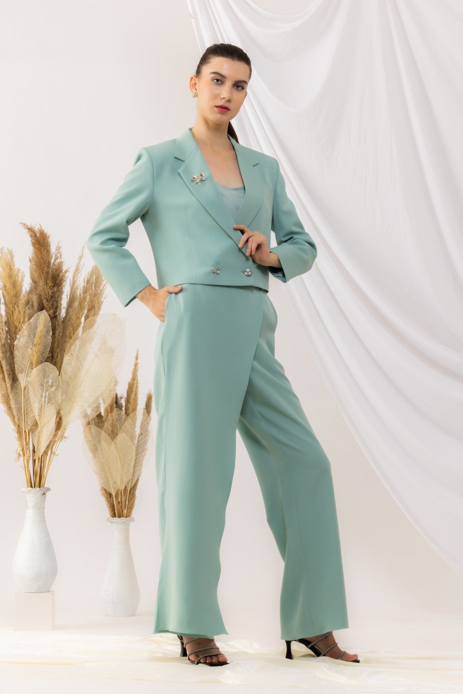 Sea Green Short Overlap Blazer With Overlap Pant