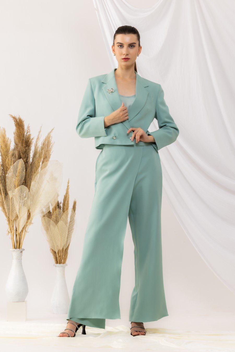 Sea Green Short Overlap Blazer With Overlap Pant