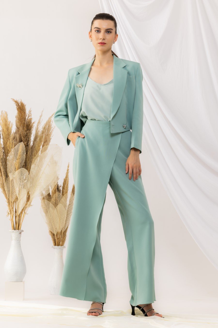 Sea Green Short Overlap Blazer With Overlap Pant