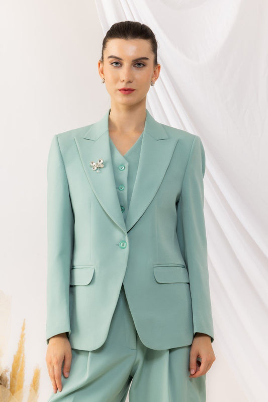 Sea Green Single Button Blazer With Flap Side Pockets Features with a Brooch