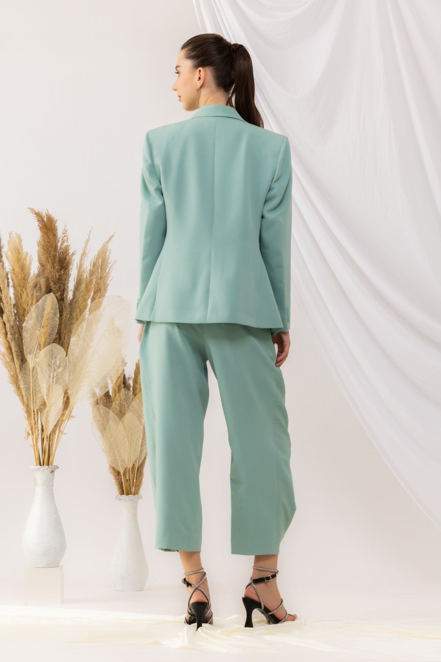 Sea Green Single Button Blazer With Waist Coat And yoka style Pant set