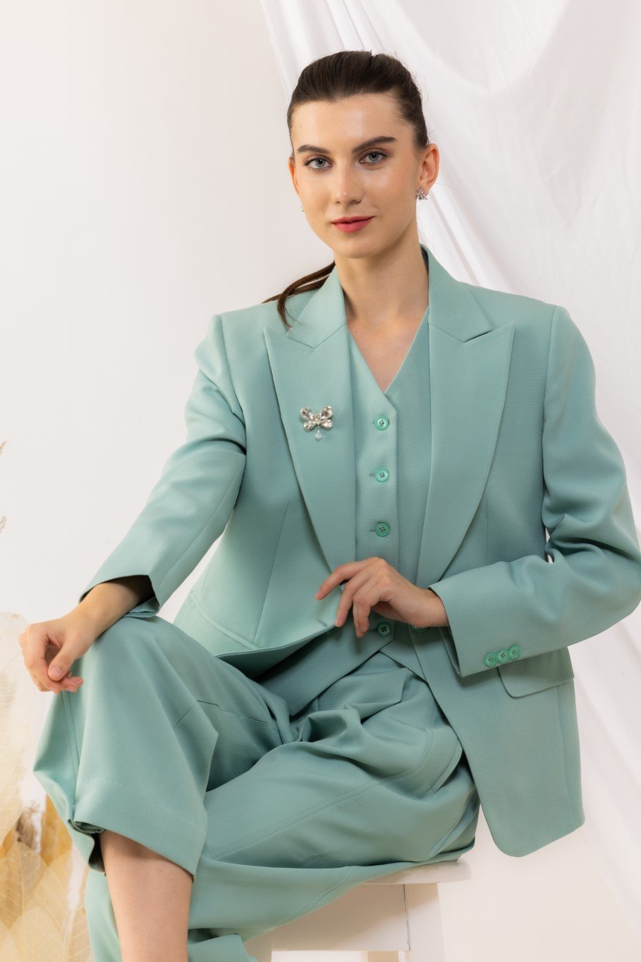 Sea Green Single Button Blazer With Waist Coat And yoka style Pant set