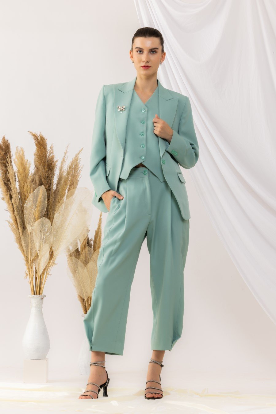 Sea Green Single Button Blazer With Waist Coat And yoka style Pant set
