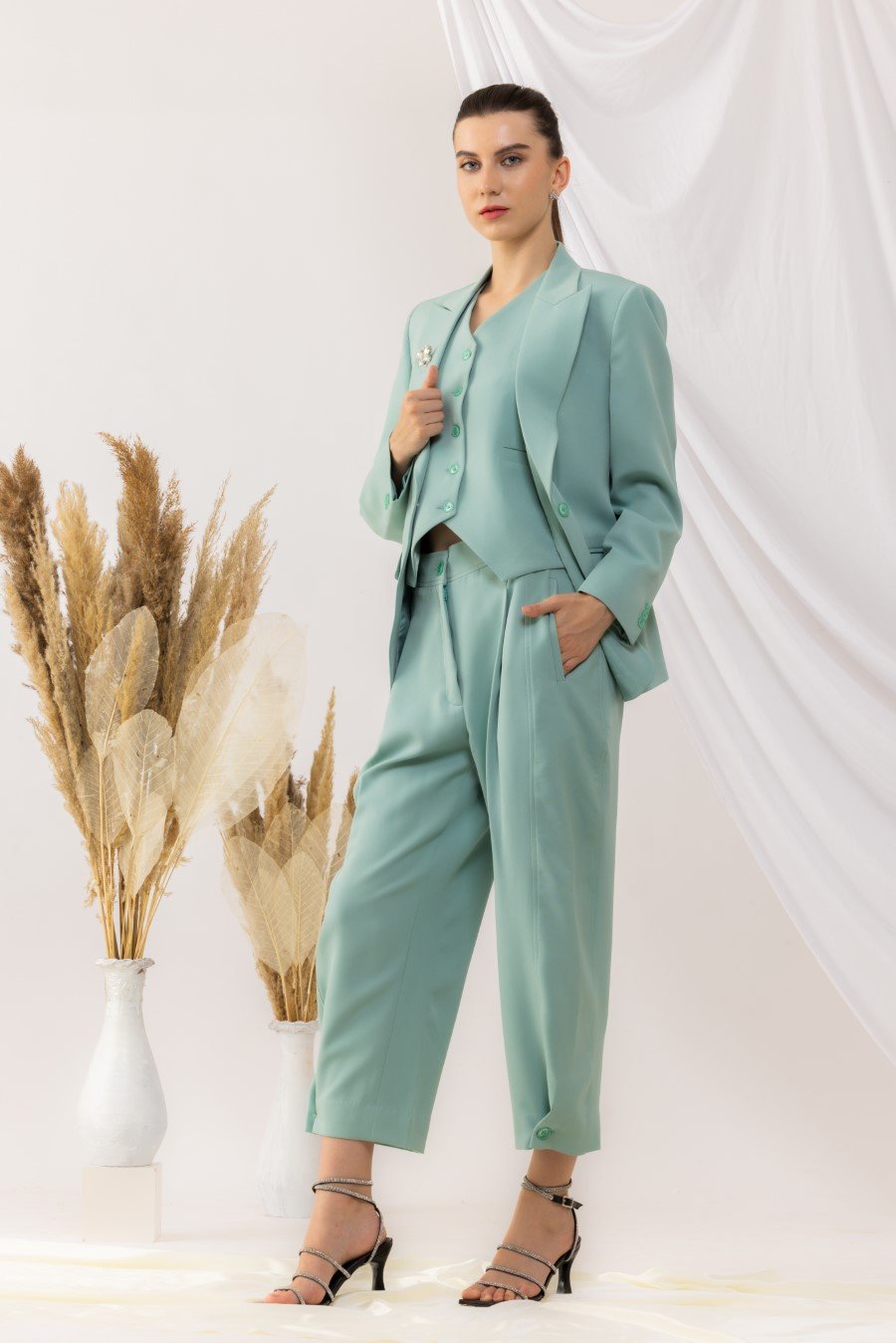 Sea Green Single Button Blazer With Waist Coat And yoka style Pant set