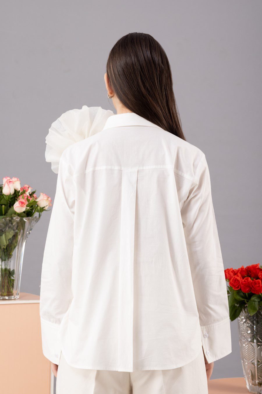 White Poplin Shirt With Organza Flower
