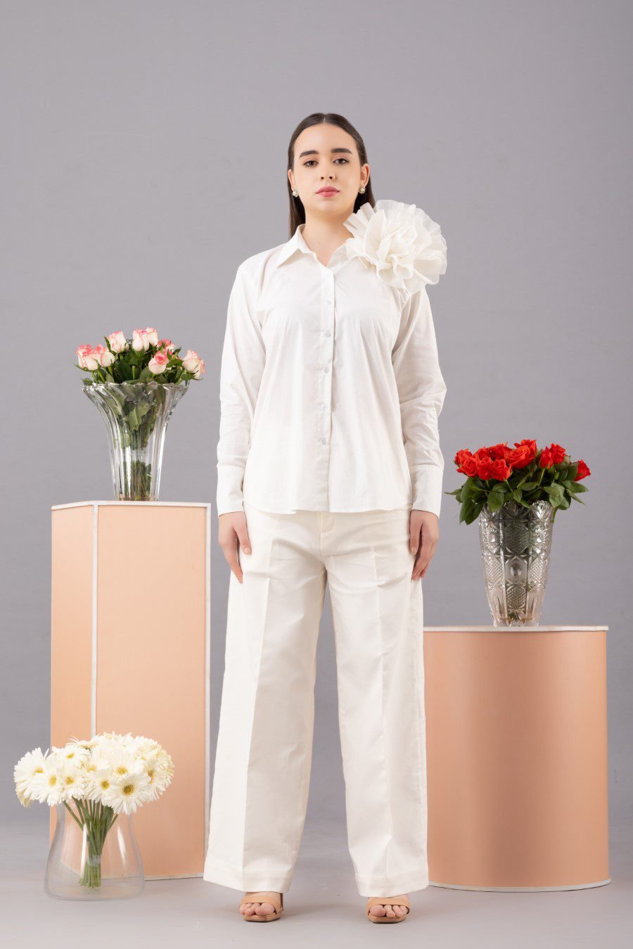 White Poplin Shirt With Organza Flower