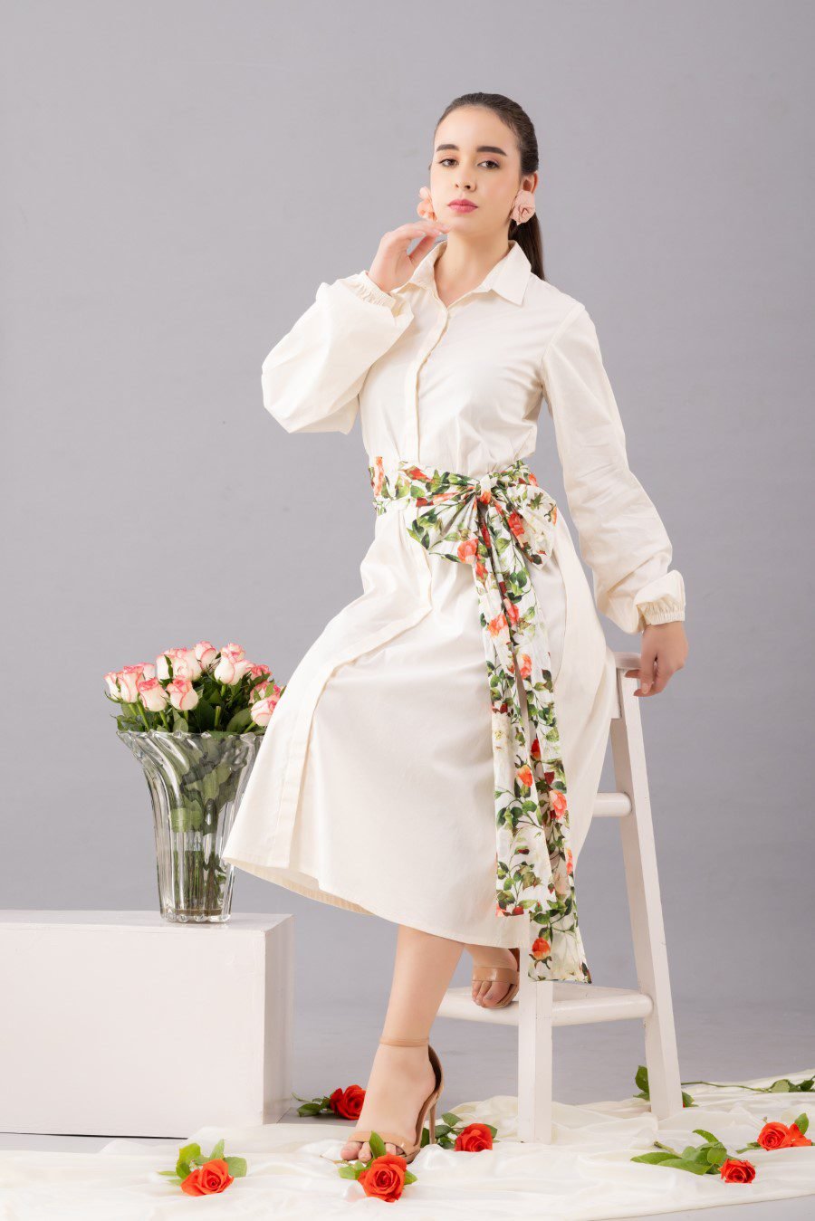 White shirt dress with  belt