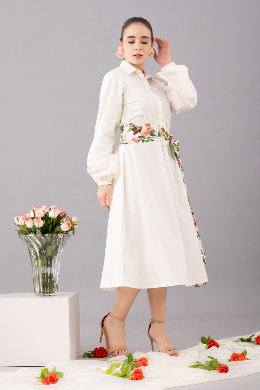 White shirt dress with  belt