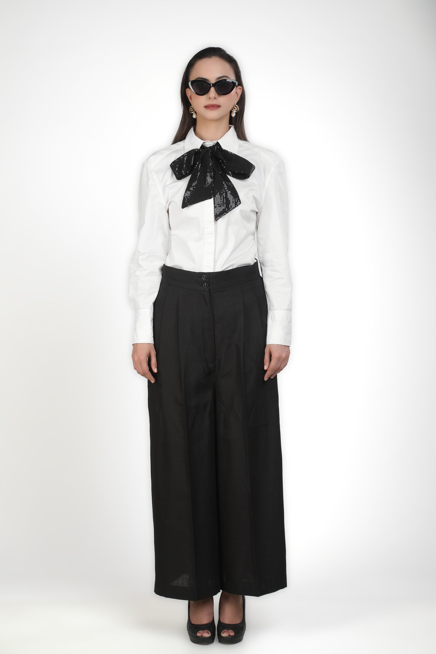 White Shirt With Black Sequins Bow