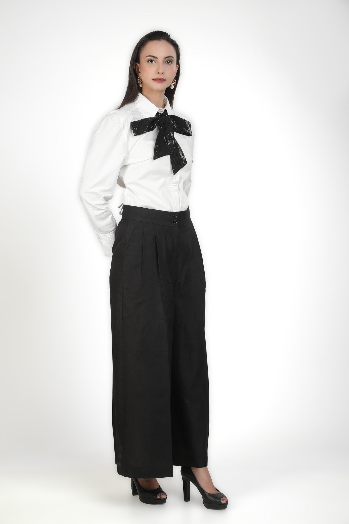 White Shirt With Black Sequins Bow