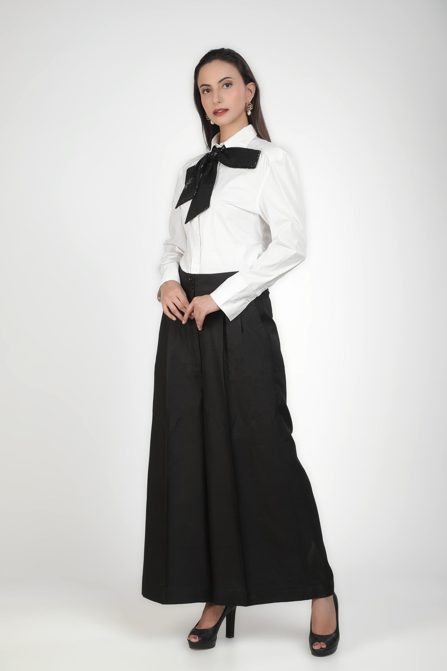 White Shirt With Black Sequins Bow