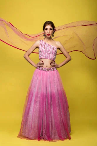 One Shoulder Sequence Lehenga