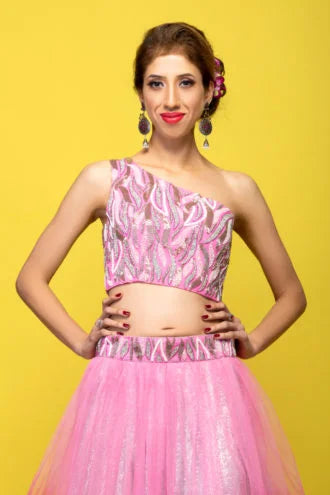 One Shoulder Sequence Lehenga