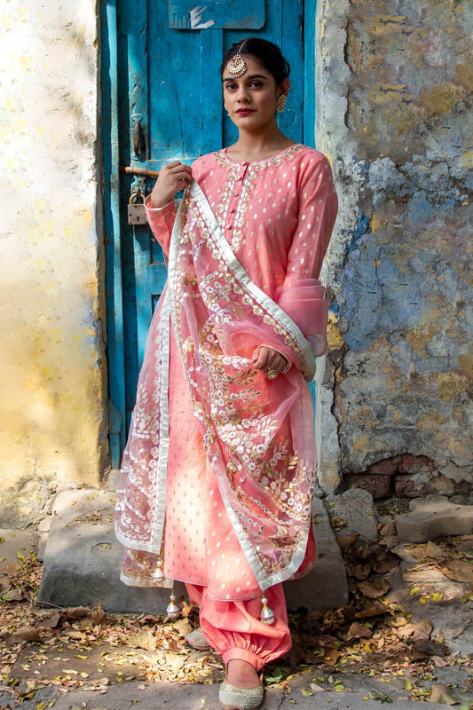 Peach Banarsi Booti Embroidered Suit