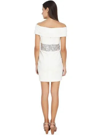 Self Embossed White Lycra Dress