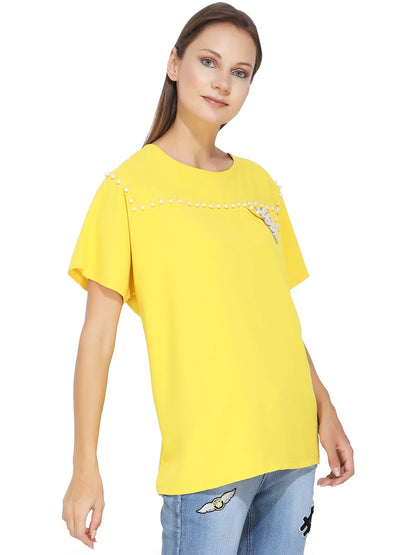 White Pearl Studded Yellow T-Shirt
