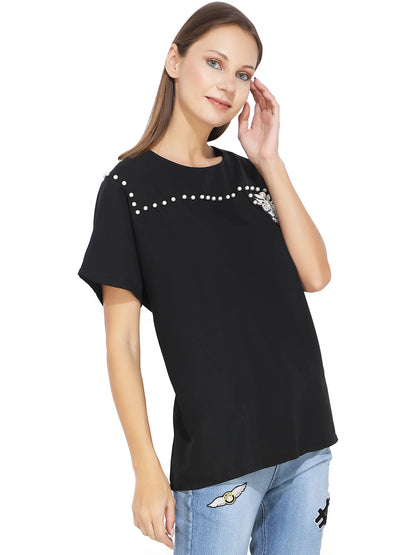 White Pearl Studded Black T-Shirt