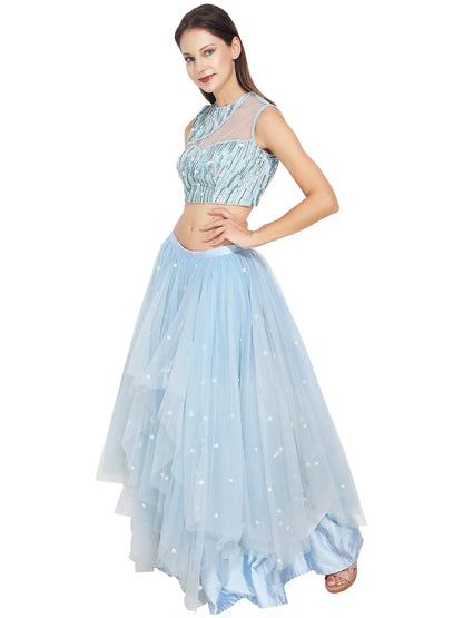 Powder Blue Sequin Cutout Net Lehenga