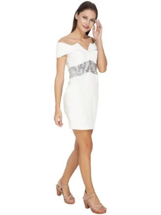 Self Embossed White Lycra Dress