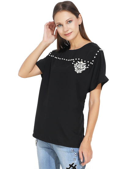 White Pearl Studded Black T-Shirt