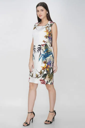 White Printed Knee Length Dress