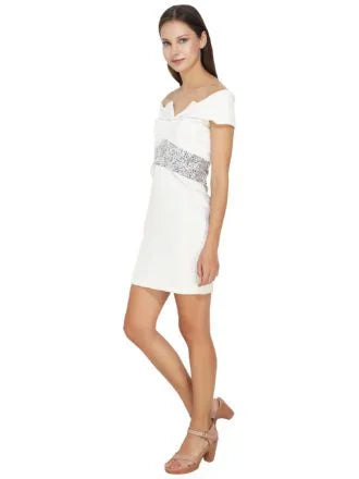 Self Embossed White Lycra Dress