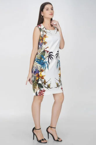 White Printed Knee Length Dress
