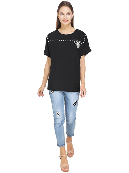 White Pearl Studded Black T-Shirt