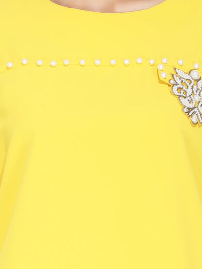 White Pearl Studded Yellow T-Shirt