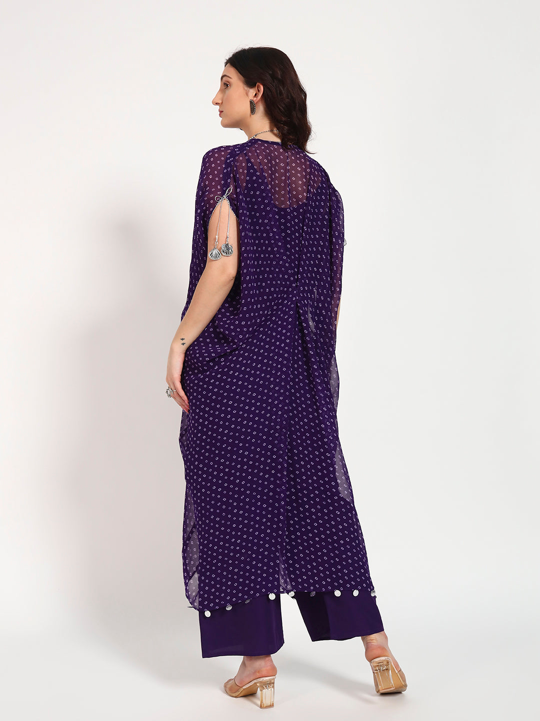 Purple Bandhani Georgette Drape Kaftan Set