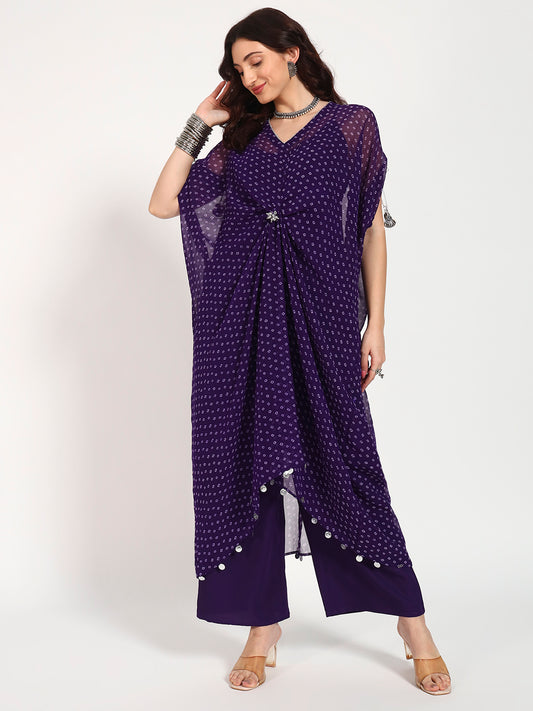 Purple Bandhani Georgette Drape Kaftan Set